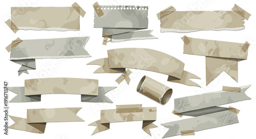 Collection of torn paper strips in various sizes and shapes