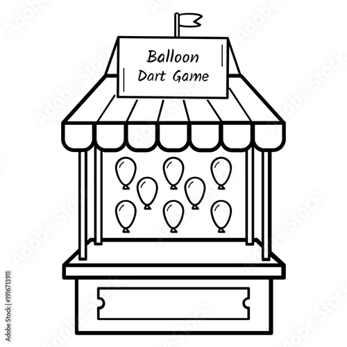 balloon dart carnival game concept, fairground balloons pop booth vector icon design, festival shooting stall stock illustration