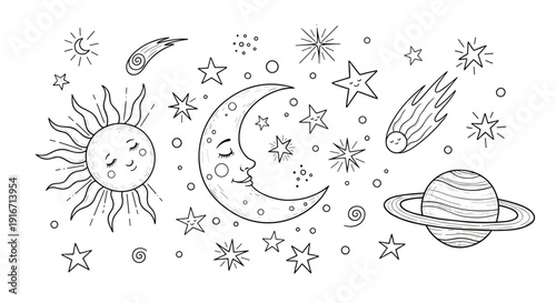 Handdrawn celestial objects including sun moon stars and planets