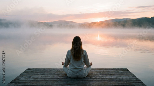 Woman meditation sunrise lake mist calm reflection peaceful morning serenity