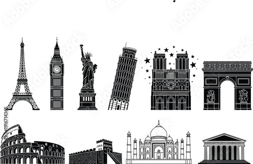 Famous world landmarks collection including Eiffel Tower and Taj Mahal, travel architecture vector illustration set