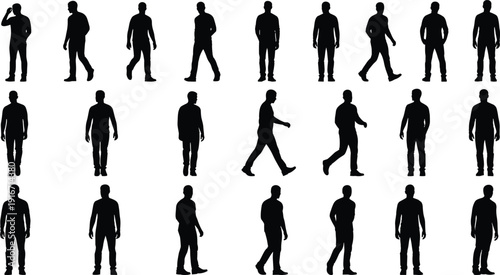 Male walking silhouettes collection, standing and moving man poses, black vector human figures, modern people lifestyle illustration set