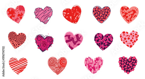 Collection of various pink and red heart shapes with different patterns