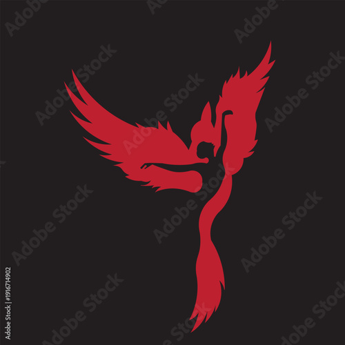 Phoenix Dance: An artistic depiction of rebirth, with a stylized woman gracefully embodied by the mythical creature's rising, embracing transformation and renewal