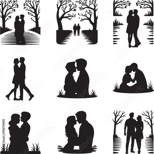black silhouettes of couples in various romantic poses and outdoor settings