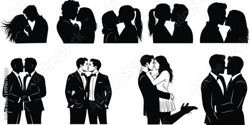 Romantic couples kissing silhouette collection, love relationship and affection concept vector illustration set isolated