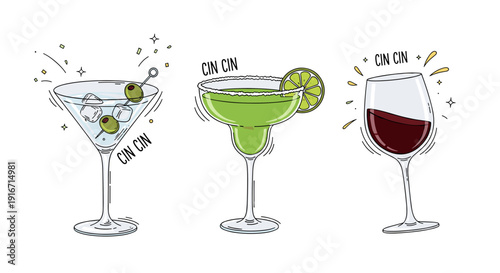 Set of three colorful cocktails with lime and cherry garnishes