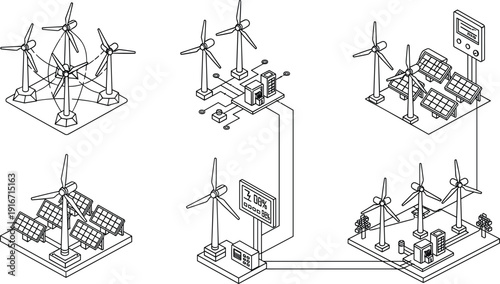 Black, and, white, isometric, vector, illustration, set, of, renewable, energy, systems, including, wind, turbines, solar, panels, and, smart, power, grids.