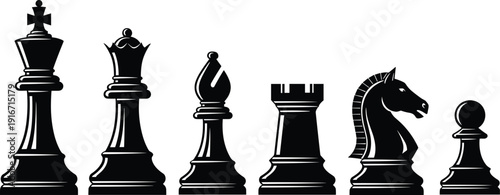 Chess pieces set including king queen rook bishop knight and pawn, strategy board game vector illustration