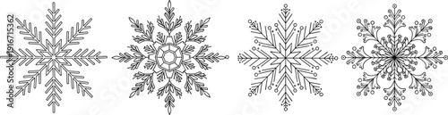 Decorative snowflake line art set, winter holiday crystal ornaments, black outline vector illustration, christmas frost mandala design
