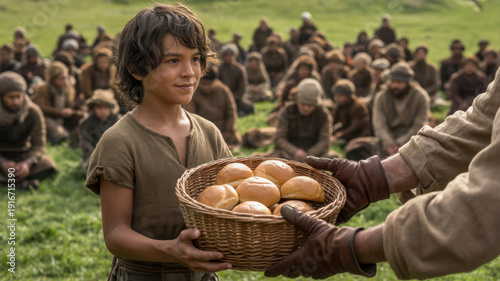 Biblical lad helping Jesus by providing five barley loaves and two small fish. Miracle of the feeding of the five thousand with the crowd seated on the grass background.