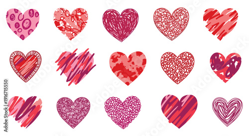 Collection of various pink and red heart illustrations