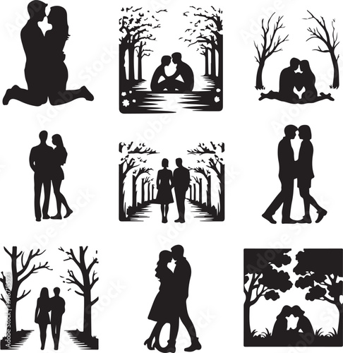 black silhouettes of couples kissing and hugging in various romantic settings