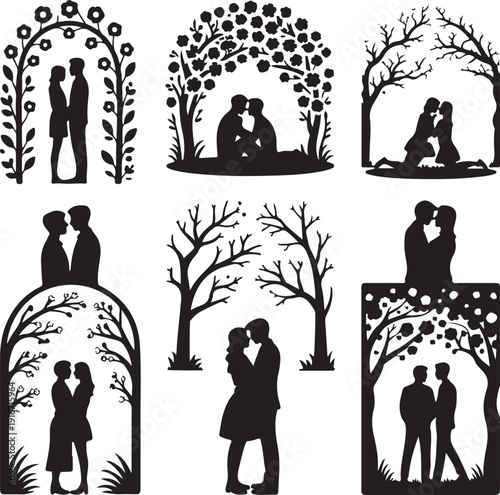 black silhouettes of couples kissing in various romantic settings with trees