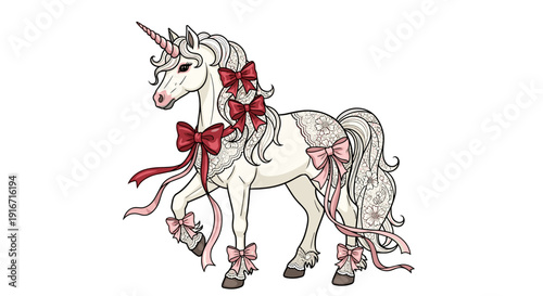 Cute cartoon unicorn with a pink bow and decorative accessories