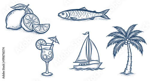 Collection of tropical summer vacation objects including fish and palm