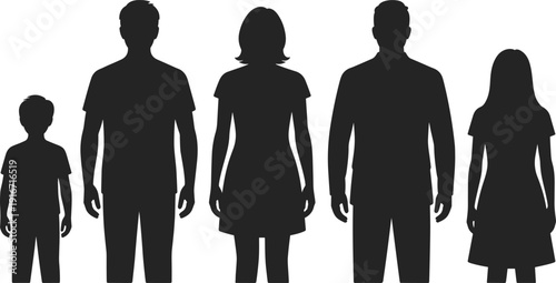 Collection of black silhouettes featuring a diverse family with children playing with buckets and waving hands isolated on white background for community design projects.