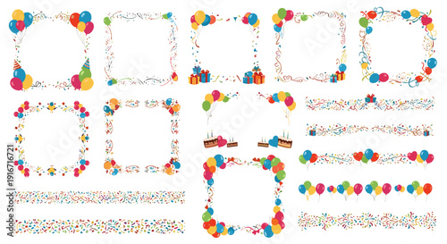 Collection of colorful birthday balloons and festive decorations
