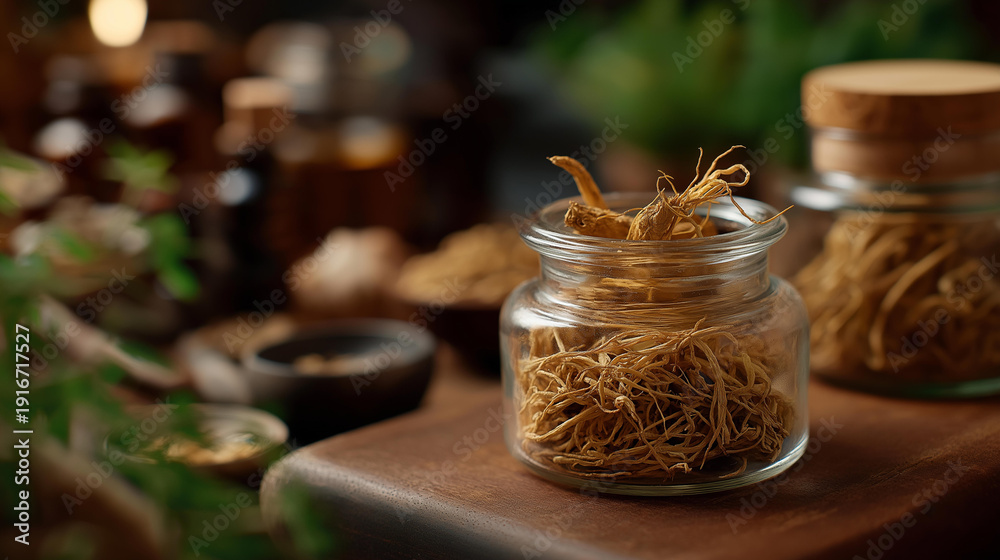 Fototapeta premium Dried ginseng root in traditional apothecary setting, medicinal herb, natural remedy ingredient, herbal storage, therapeutic preparation environment, with copy space