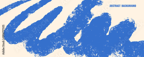 Blue brushstroke texture on white background with rough grain and paint splatter effect. Bold expressive streak creates modern backdrop for posters, covers, banners, packaging and branding.