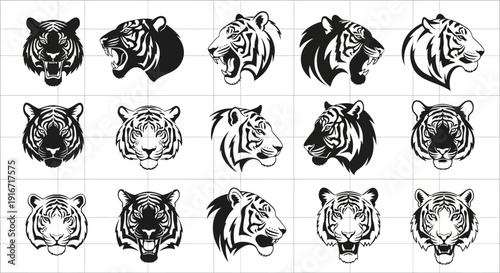 Collection of black and white tiger head illustrations in various styles and expressions on grid background