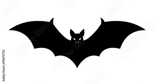 Black bat silhouette with glowing orange eyes flying against white background halloween symbol