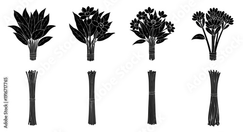 Black and white illustration of various plant stems and bouquets on a plain background