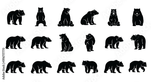 Collection of black bear silhouettes in various poses and movements on white background
