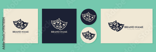 Classic theater masks logo set for drama and comedy art identity vector illustration.