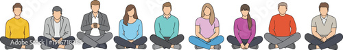 Diverse group of young men and women sitting cross legged in a row wearing colorful casual outfits isolated on white background,