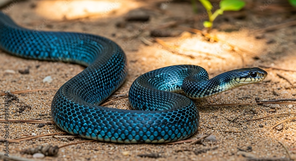 Obraz premium Eastern indigo snake gliding across sandy soil