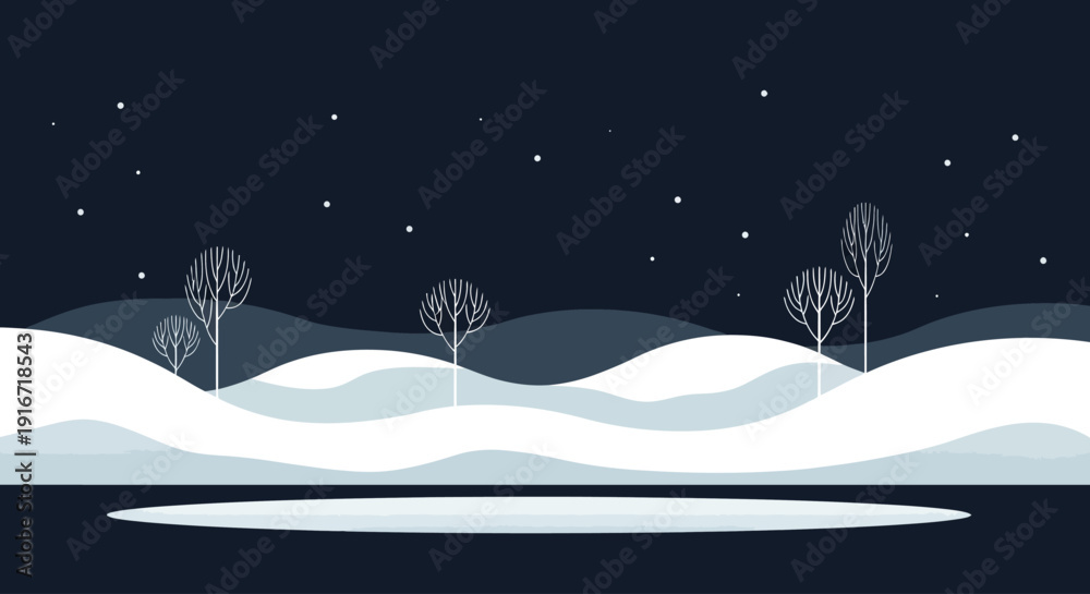 Fototapeta premium A serene winter landscape with snow-covered hills and trees under a starry night sky viewed from a distance