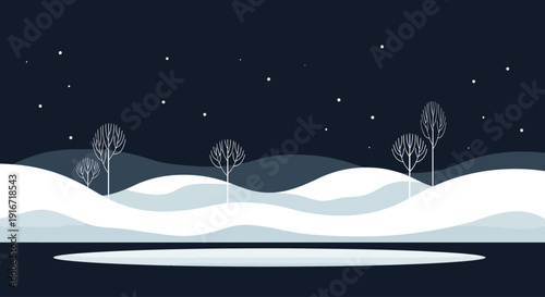 A serene winter landscape with snow-covered hills and trees under a starry night sky viewed from a distance
