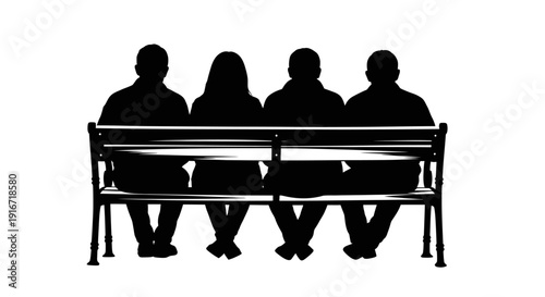 Silhouettes of people sitting together on a bench from behind, in a serene environment