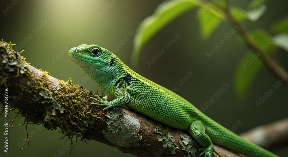 Fototapeta premium Emerald swift lizard perched on branch