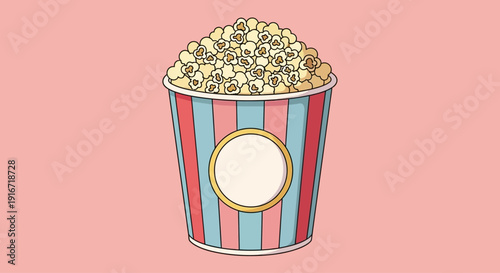 A striped bucket filled with popcorn, a snack often associated with entertainment and leisure activities, viewed from the front.