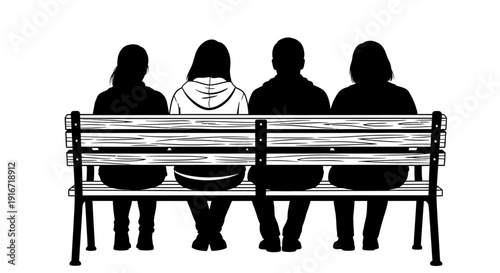 Three silhouetted people and one person wearing hoodie sitting on bench viewed from behind in public park