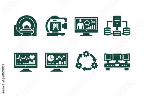 Set of green medical technology icons showing MRI, CT scan, patient monitoring dashboards, data storage, workflow automation, and networked computer systems