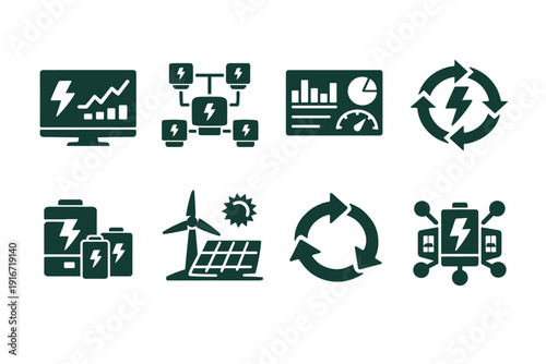 Set of renewable energy and power management icons showing solar panels, wind turbine, batteries, analytics dashboard, smart grid and recycling