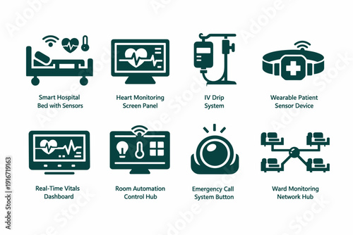Medical technology icon set showing smart hospital bed sensors, heart monitoring screen, IV drip, wearable device, vitals dashboard, call button, network hub