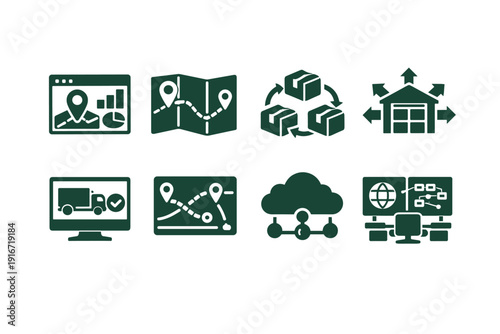 Set of logistics and supply chain vector icons featuring route maps, tracking dashboard, warehouse distribution, cloud networking, and freight delivery management
