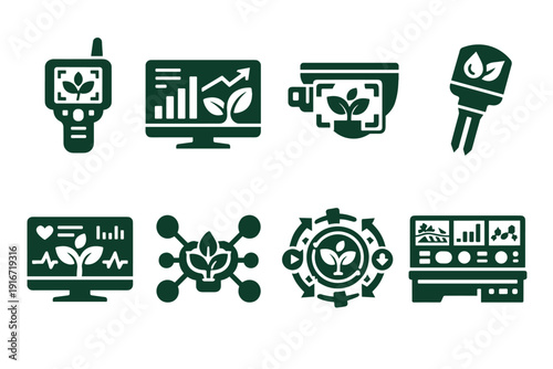 Set of green sustainability technology icons showing eco analytics dashboard, renewable energy monitoring, circular economy, and smart agriculture tools