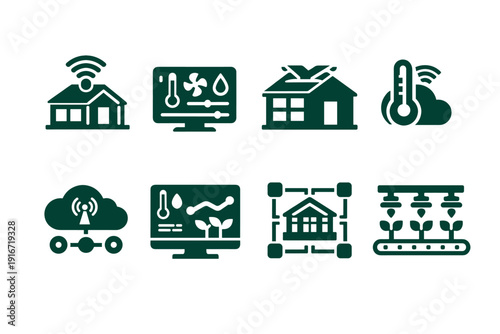Smart farming and home automation icons showing wireless monitoring, greenhouse climate control, irrigation systems, sensors, and data-driven agriculture