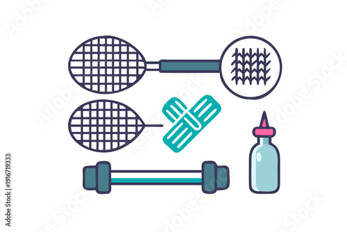 Workout set with badminton racket dumbbells and water tumbler .vector icon
