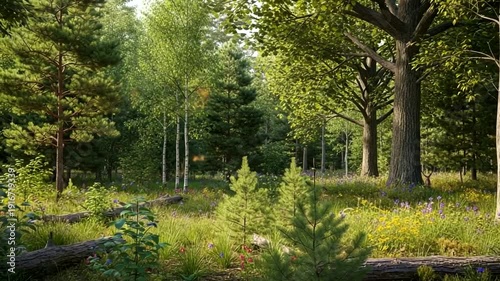 Lush green forest with sunlight filtering through the trees.