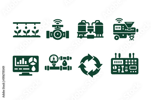Set of smart agriculture and farm technology icons showing irrigation, sensors, automation, analytics, recycling, and remote monitoring systems