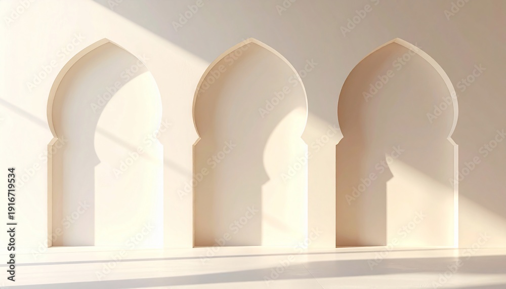 Fototapeta premium Minimalist architectural design with three arched doorways and soft shadows.