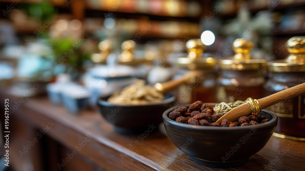 Fototapeta premium Chinese traditional medicine in context of pharmacy, herbal dispensary, medicinal store setting, apothecary environment, natural remedy establishment, with copy space