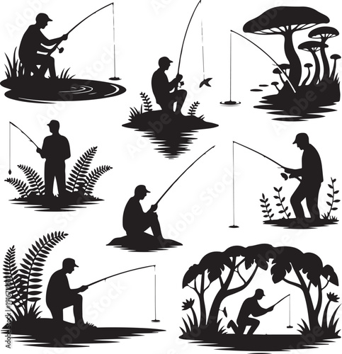 black silhouettes of men fishing in various natural settings with trees water and plants