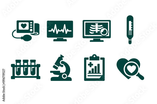 Set of medical healthcare icons featuring patient monitor, ECG waveform display, x-ray screen, thermometer, test tubes, microscope, clipboard, and heart
